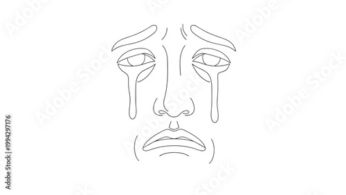Emotional face with tears of sadness and despair, expressive line art illustration.