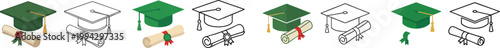 Green graduation cap and diploma set with outline version, vector art isolated on white