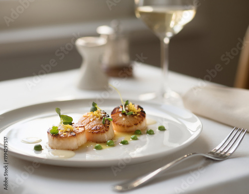 Seared scallops on a plate with peas and microgreens are served with wine