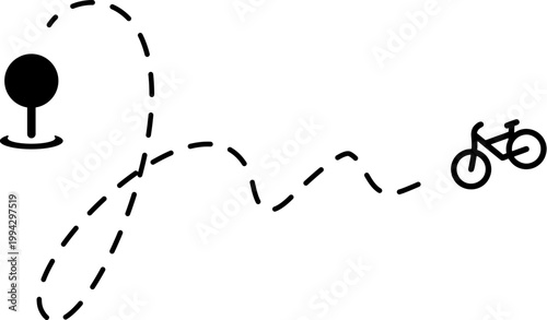 A cyclist rides along a dashed path