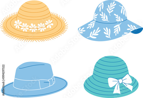 Summer hats collection illustration, sun beach fashion accessories vector design set