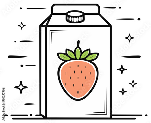 Cartoon illustration of a strawberry juice box carton with doodle elements.