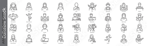 Professions and people icon set – editable outline symbols of careers, occupations, it specialist, astronaut, hijab, muslim, nun, monk, pilot, agronomist, gender diversity and everyday activities