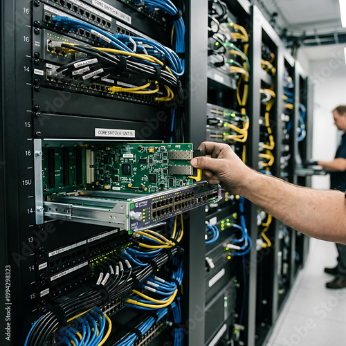 IT Engineer Installing Server Module in Modern Data Center Rack with Network Cables