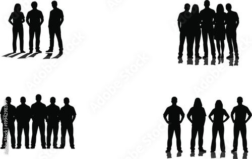 Silhouetted groups of diverse people standing together in reflective formation representing teamwork, unity, collaboration, and social dynamics
