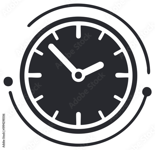 Simple analog clock face icon with circular motion lines symbolizing time passing and timelessness