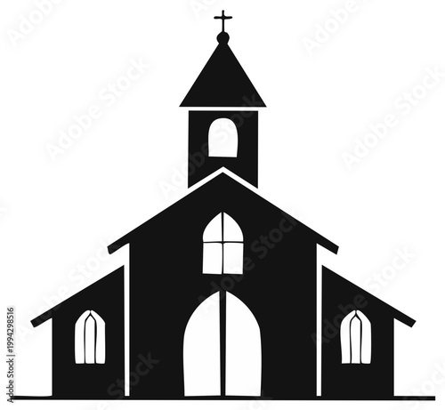 Black Silhouette of a Traditional Church Building with Steeple and Cross