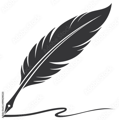 Silhouette illustration of a feather quill with ink line, isolated on white.