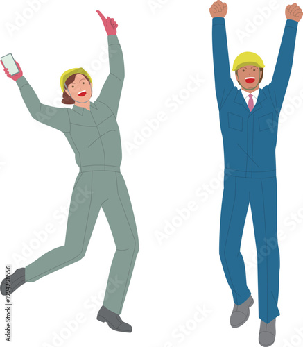 現場監督の男性と女性。元気で働くイメージのイラスト。