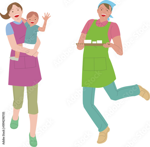 保育士の男性と女性。元気で働くイメージのイラスト。