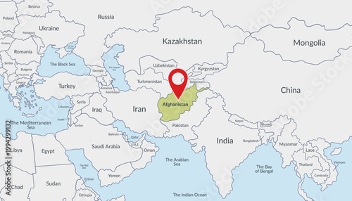 Afghanistan on a political map with location marker3. Travel concept. Vector flat template.