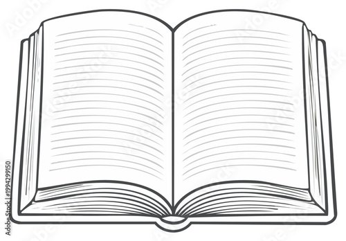 Open book with blank lined pages simple black and white line art vector illustration
