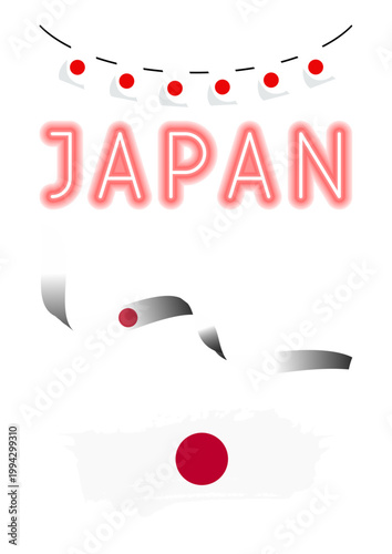 Japan national day celebration vector, glowing neon Japan text with bunting flags, Japanese flag with confetti and streamers for festive events