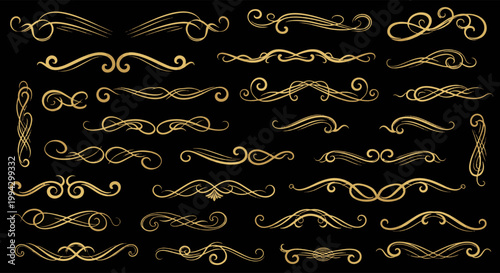 Medieval Ornamental Gold Calligraphic Flourishes and Swirl Dividers Isolated on Black