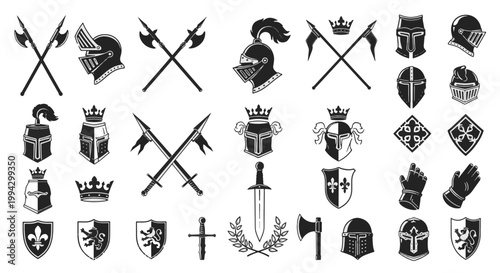 Medieval Ornamental Knight Helmets Shields Weapons and Heraldry Symbols Set