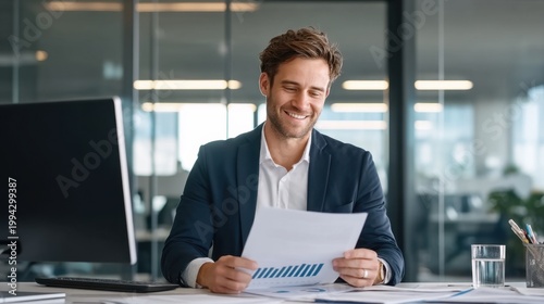 Confident Businessman with Short Brown Hair Reviewing Documents in Modern Office Environment