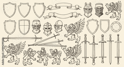 Medieval Ornamental Knights Helmets Shields Swords and Heraldic Beasts Set