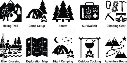 Camping and hiking icons set, outdoor adventure symbols
