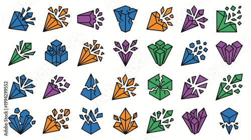 Colorful Crystal Shards and Gemstone Mineral Icons for Games