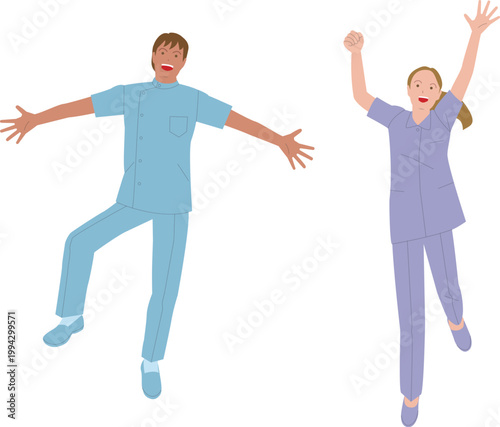看護師の男性と女性。元気で働くイメージのイラスト。