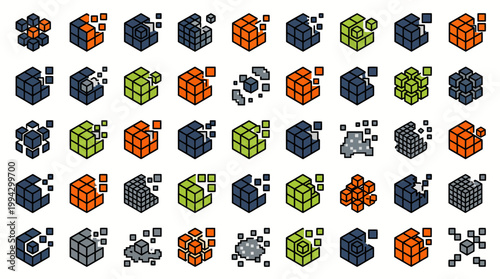 Isometric Pixel Art Cube Icons for Blockchain and Data Technology