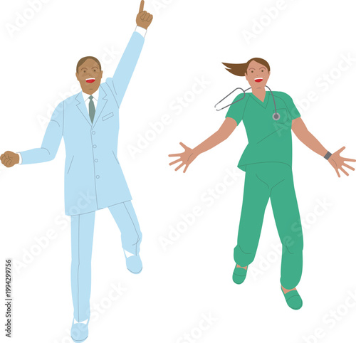 医師の男性と女性。元気で働くイメージのイラスト。