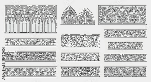 Collection of Medieval Ornamental Architectural Elements and Classic Decorative Borders