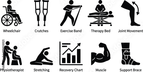 Physical therapy icons set, rehabilitation symbols