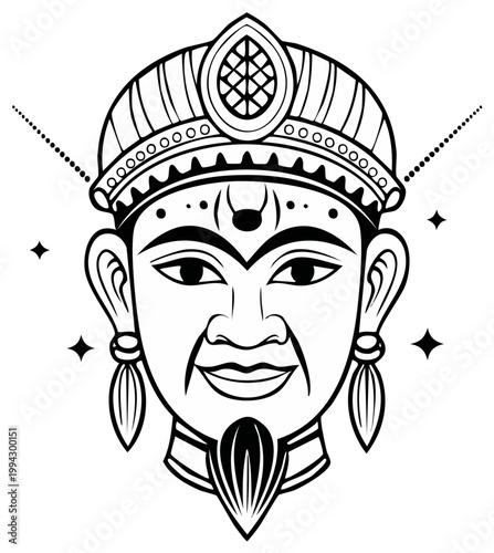 Illustration of a stylized king face with ornate headdress and earrings, black and white.