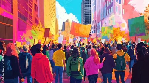 A vibrant street protest for social justice, with diverse activists rallying for change in the heart of the city.