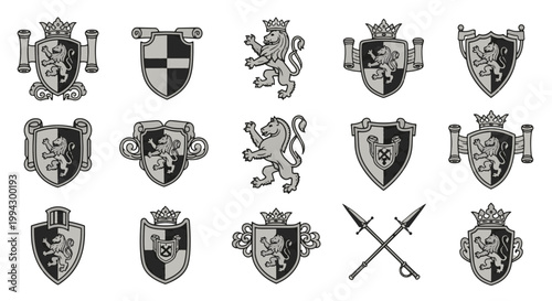 Collection of Medieval Ornamental Heraldic Royal Lion Crests and Shield Symbols