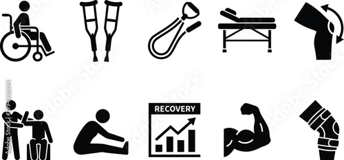 rehabilitation icons set, recovery symbols, physical therapy