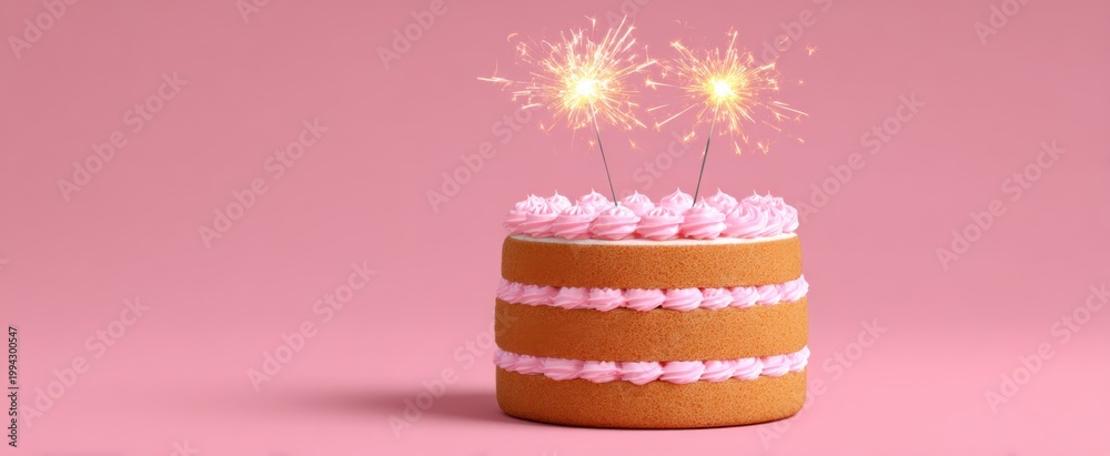 Obraz premium Three-layered pink birthday cake with sparklers perfect for celebrations on a light backdrop
