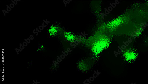 Abstract fluorescent image of bioluminescent microorganisms in dark fluid with luminous dots and spots and ethereal effects.