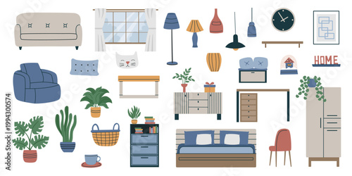 Interior furniture and decor elements set in flat style isolated on white background8. Collection of vector cliparts.