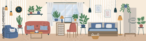 Home interior background. Concept of interiors, home, bedroom, living room, study room. Vector hand drawn banner in flat style.