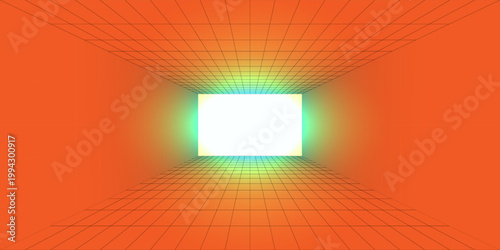 Vibrant Orange Corridor with a Bright White Light at the End, Creating a Futuristic and Abstract Geometric Tunnel Effect with a Grid Pattern