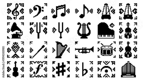Monochrome pixel icon set featuring musical symbols, instruments, and related elements arranged in a grid for digital or print design