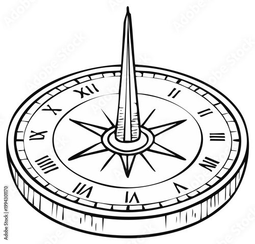Classic Circular Sundial Illustration in Detailed Line Art Showing Time Telling Device