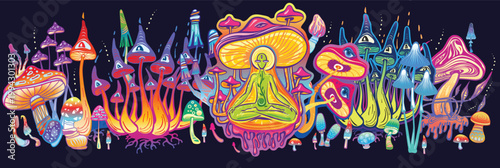 Bright surreal mushroom landscape with meditating character in vibrant psychedelic fantasy scene