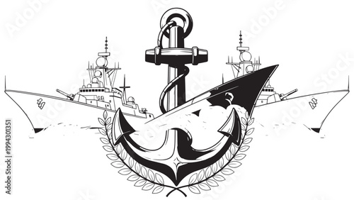 Black and White Nautical Anchor with Ships Illustration.