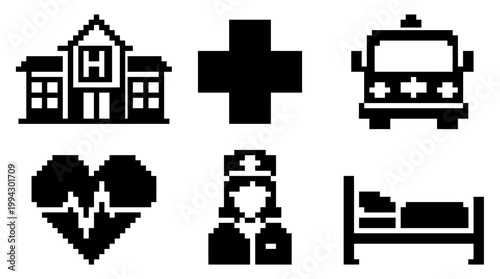 Pixel art icons representing healthcare and medical services, including a hospital, ambulance, and nurse