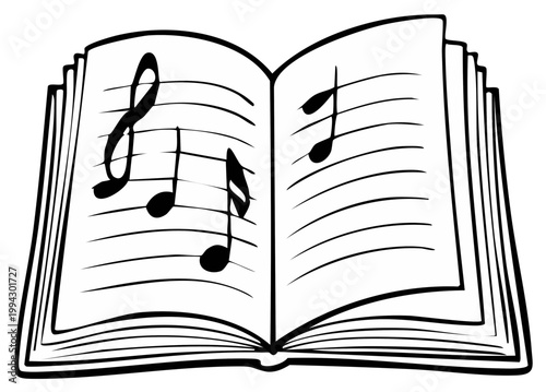 Open music book with treble clef and musical notes hand-drawn illustration
