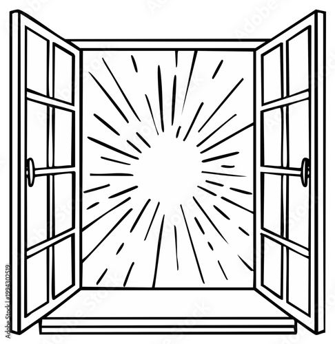 Open Window Reveals Bright Bursting Light Rays Sunburst Explosion Symbol Graphic Illustration