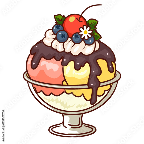 Cute ice cream sundae cartoon with chocolate drip