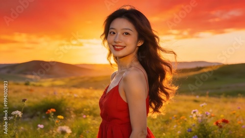 Woman in red dress at sunset