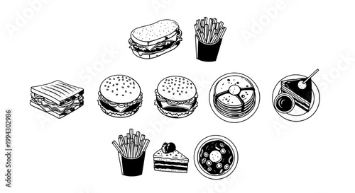 Burger sandwich fries and drinks doodle icons set with line art fast food elements for menu and packaging design