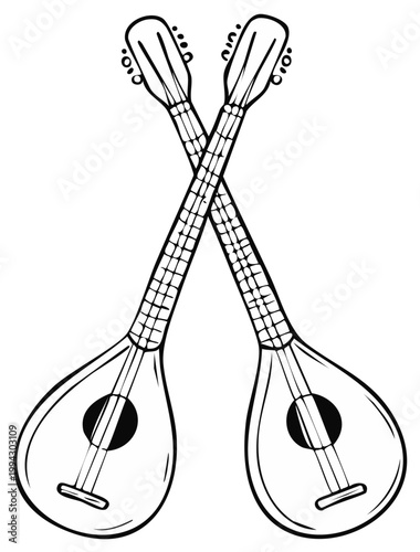 Two crossed mandolins illustration black and white musical instruments stringed music performance ensemble hand drawn mandolins folk music tradition sketch