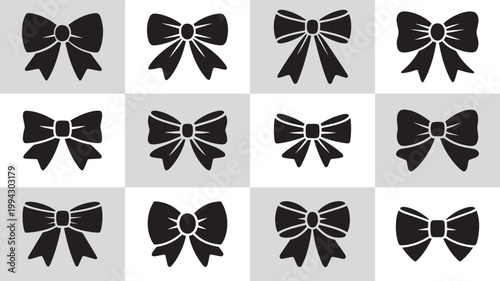 Decorative bow ribbon silhouette icon set for gift packaging design, holiday celebration, fashion accessory branding, greeting card decoration, and festive merchandise