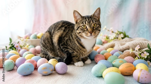 Tabby cat sitting among pastel Easter eggs on soft fabric surface with blurred pastel gradient background creating gentle festive seasonal atmosphere